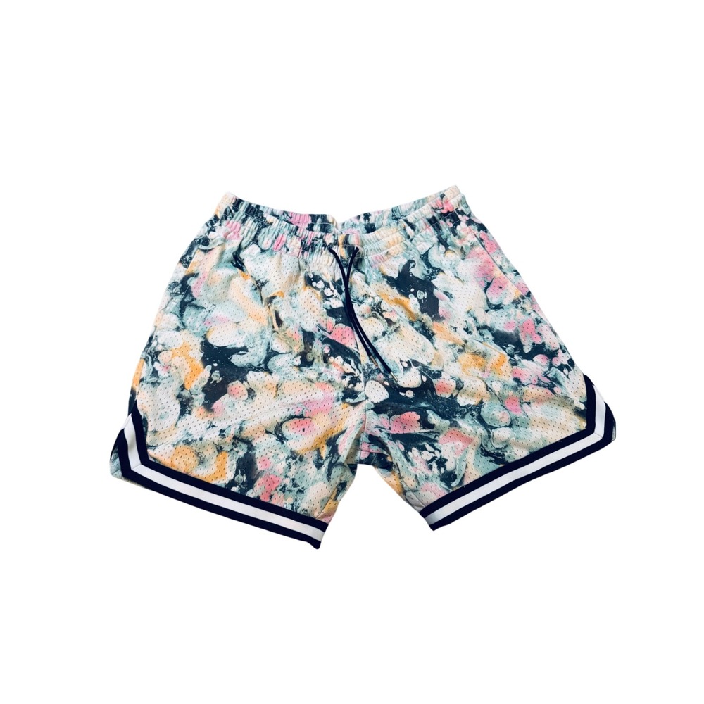LCKR Excel Mesh Shorts Colorful Glacier Ink Blot Print Stripe Trim Pockets SZ XL